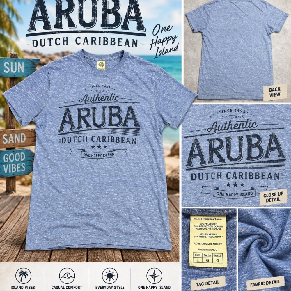 Delta Aruba Dutch Caribbean Graphic T-Shirt Heather Blue Large Delta Apparel